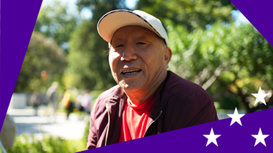 Mr Meng, sat in Ritan Park wearing a white cap and mauve jacket