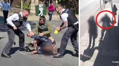 A composite image of police officers arresting a man and CCTV footage of a man lunging at another man
