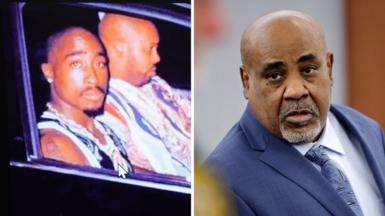 Split screen. Tupac Shakur and Suge Knight on the left. Duane "Keffe D" Davis on the right.
