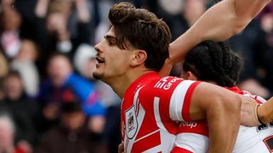 St Helens celebrate Bill Leyland's try against Wigan Warriors