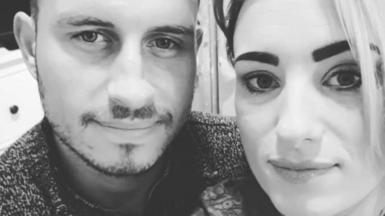 Katie Yates has blonde hair and is looking at the camera with thick eyebrows. Next to her is Jason Smith. It is a black and white image. 