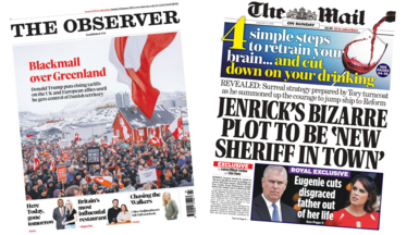A composite image of the front pages of the Observer and the Mail on Sunday."Blackmail over Greenalnd" reads the headline of the latter and "Jenrick's bizarre plot to be 'new Sheriff in town'," reads the headline of the latter.