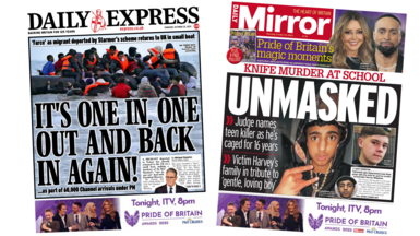 A composite image of The Daily Express and The Daily Mirror. "It's one in, one out and back in again!" reads the headline on the former and "unmasked" reads the headline on the latter.
