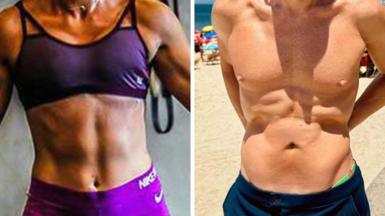 A woman and man pose showing their 'six packs'