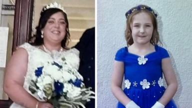 A composite image of Natalie McDonald and Valentina Foster. McDonald is wearing a white wedding dress with a tiara perched on her head. She has long dark hair and is holding a bouquet of white roses with four blue ones dotted within it. Valentina wears an electric blue dress with white flowers on the neckline and waist. She has long light brown hair with a blue and white headband. She is holding a small white basket with white and blue roses and she wears white gloves.
