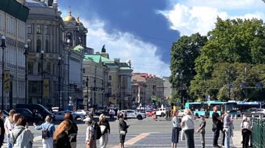 Black smoke rises after Ukraine reportedly launched unmanned aerial vehicle (UAV) attacks on the opening day of the St. Petersburg International Economic Forum, one of Russia's most prominent organizations, in St. Petersburg, Russia, on June 03, 2026. 