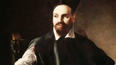 Portrait of Maffeo Barberini by Caravaggio. Head and shoulders of a bearded man wearing a black hat and dark cloak.