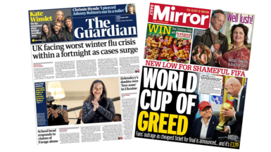 The headline on the front page of the Guardian reads: “UK facing worst winter flu crisis within a fortnight as cases surge". The headline on the front page of the Mirror reads: “World Cup of greed".