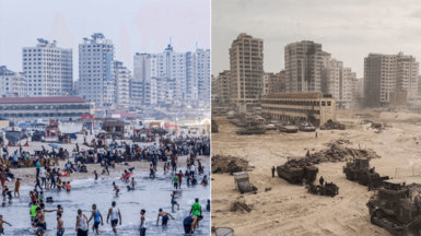 A split image - on the left is a beach full of people playing in the sea, on the right is the same beach with tanks on it