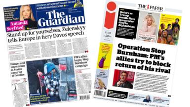 A composite image of the front pages of the Guardian and the i Paper on 23 January 2026