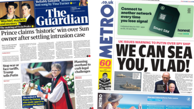 The headline in The Guardian reads: Prince claims 'historic win' over Sun owner after settling intrusion case and the headline in the Metro reads: We can sea you, Vlad