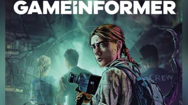 A cover of Game Informer - the magazine's title is written in capital letters at the top of the page. A cartoon drawing of a young woman holding an old-fashioned video camera and nervously looking back over her shoulder as three other people walk ahead of her is the cover image. At the bottom the words "From the universe of Dead by Daylight - The Casting of Frank Stone" can be seen.