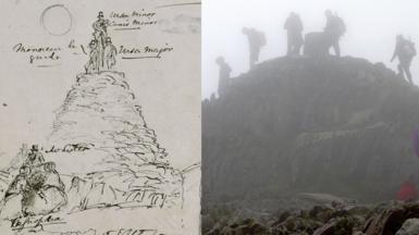 Darlun o ymwelwyr ar gopa'r Wyddfa, a ffotograff o gerddwyr ar gopa'r mynydd