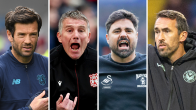 O'r chwith i'r dde rheolwr Caerdydd Brian Barry Murphy, rheolwr Wrecsam Phil Parkinson, rheolwr Abertawe Vitor Matos a Christian Fuchs, rheolwr Casnewydd.