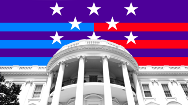 A graphic that shows the White House against a red, white and blue stars-and-stripes backdrop