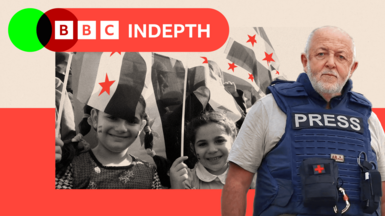 A treated image showing young children holding flags, an image of Jeremy Bowen is to the side