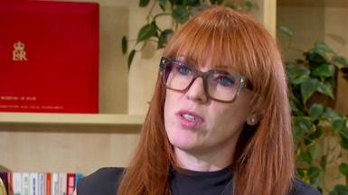 A grab from video shows a head and shoulders shot of Angela Rayner wearing glasses while speaking in an interview with the BBC.