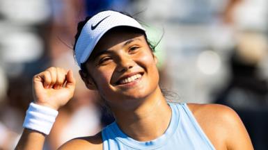 Emma Raducanu celebrates at the Miami Open