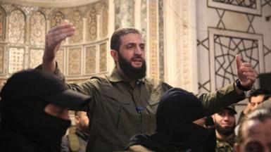 Hayat Tahrir al-Sham (HTS) leader Abu Mohammed al-Jawlani speaks to a crowd at the Umayyad Mosque in Damascus, Syria, after the overthrow of President Bashar al-Assad (8 December 2024)