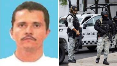 Mug shot of El Mencho against bright blue background alongside a photo of two National Guard soldiers in Mexico carrying guns and wearing protective clothing on 22nd February