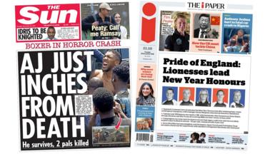 Newspaper headlines: 'Boxer in horror crash' and 'Pride of England'