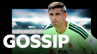 BBC Sport Gossip graphic featuring an image of Emiliano Martinez playing for Argentina