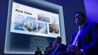 Secretary of State Marco Rubio listens to a presentation about US plans for the "New Gaza", during the signing ceremony for President Donald Trump's new Board of Peace, at the World Economic Forum in Davos, Switzerland (22 January 2026)
