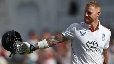 England captain Ben Stokes holds his helmet out behind him as he walks off after being dismissed in his final Test innings