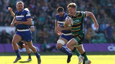 Fin Smith of Northampton Saints charges upfield to score their first try during the Gallagher PREM match between Northampton Saints and Bath Rugby.