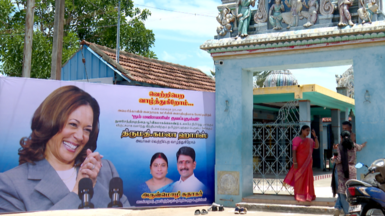 A banner of Kamala Harris in India's Thulasendhrapuram village.