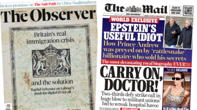 A composite image of the front pages of The Observer and The Mail on Sunday. "Britain's real immigration crisis" headlines the former and "Carry on, doctor!" headlines the latter.