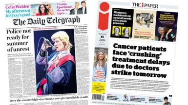 Front page of the Daily Telegraph and the i Paper.