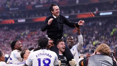 Unai Emery and his Aston Villa players celebrate their Europa League win