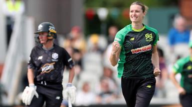 Lauren Bell celebrates her wicket for Southern Brave
