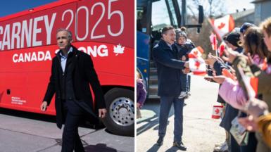 A composite image, with the right showing Liberal leader Mark carney walking in a dark suit and coat in from of a red campaign bus, and the left showing Conservative leader Pierre Poilievre in a similar outfit, holding one of his children and greeting a crowd of people waving Canadian flags. 