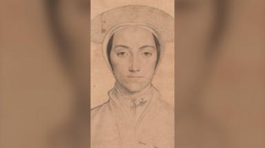 A portrait of young woman, in black ink on a beige coloured canvas. She is wearing a circular shaped hat.