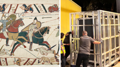 A section of the Bayeux tapestry ( left) and men moving the tapestry in a cage ( right) 