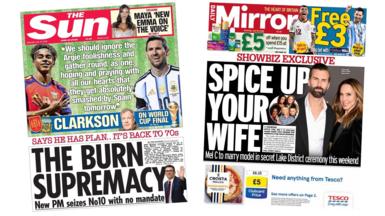 A composite of the front pages of the Sun and the Daily Mirror on 18 July 2026.