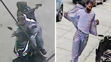 CCTV footage of the two suspects on a moped, and a solo image of the driver. 