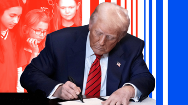 US President Donald Trump signs an executive order surrounded by children in a photo illustration with red, white and blue stripes behind him