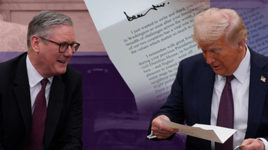 Keir Starmer sits on the left and Donald Trump sits on the right. Both mean are wearing dark coloured suits and Trump is holding a letter in his hand. There is a letter in the background of the picture