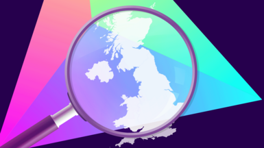 A graphic showing a magnifying glass looking at a map of the United Kingdom. In the background is a multicoloured triangle.