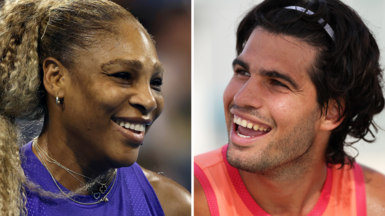 Serena Williams and Carlos Alcaraz smile on the court