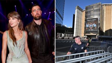 this composite image shows taylor swift and travis kelce together and then another image shows prep and officers outside Madison Square Garden in New York. 