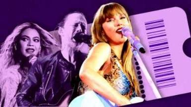 Illustration with a purple background showing Beyonce, Radiohead's Thom Yorke and Taylor Swift in front of a large concert ticket with a barcode on the right side. The performers are dressed in stage outfits, and holding microphones.