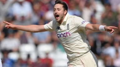 Ollie Robinson celebrates a Test wicket for England in 2021