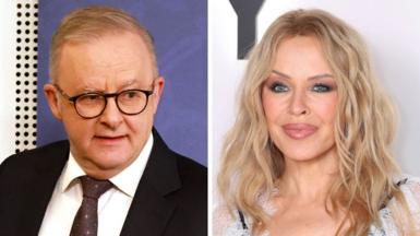A composite image shows on the left a head and shoulders crop of an image of Albanese looking to the right of frame while wearing glasses and a suit, and on the right a head and shoulders crop of an image of Minogue looking at the camera against a white background.