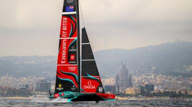 Emirates Team New Zealand during the fourth race of the America's Cup against Team Ineos Britannia