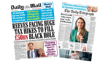 The headline for the Daily Mail says "Reeves facing huge tax hikes to fill £50bn black hole".