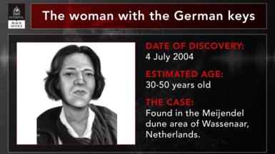 Interpol image showing a black and white sketch of Eva Maria Pommer, whose body was found on a Dutch beach in 2004